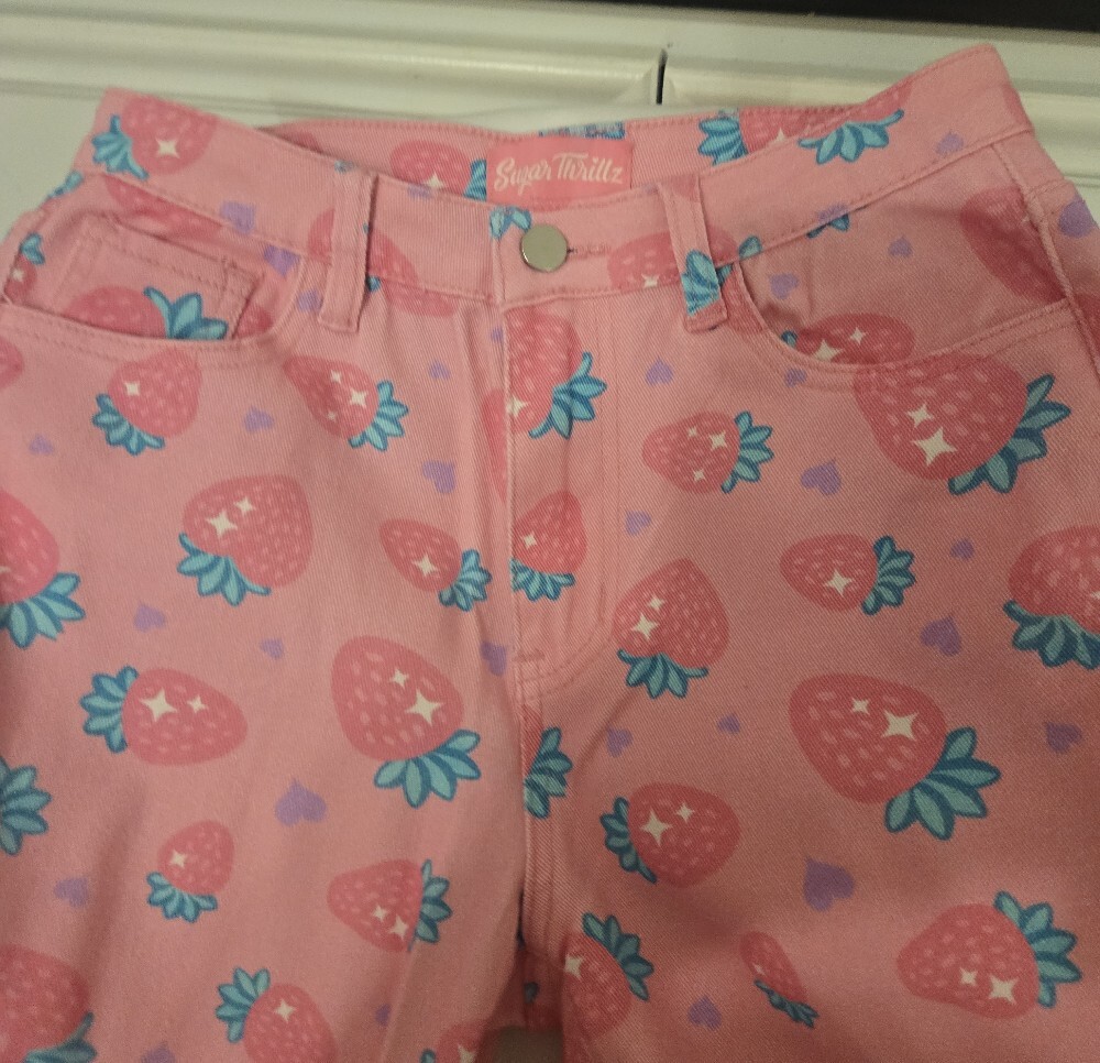 Sugar Thrillz Pink Strawberry Print Straight Leg Jeans - Picture 4 of 7